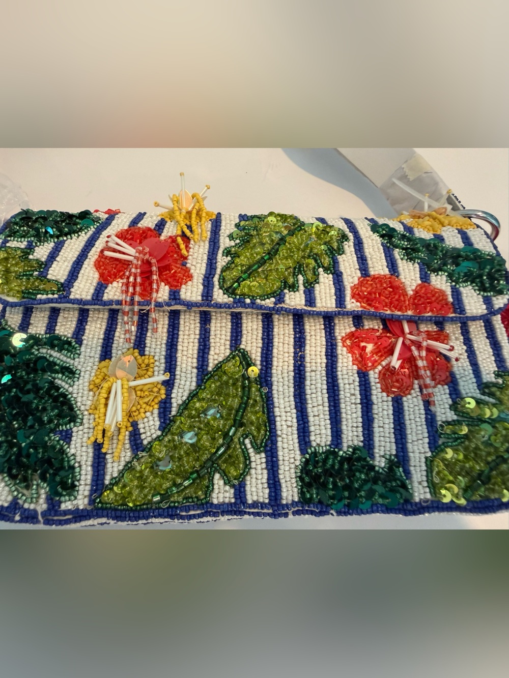 * Beaded Tropical Floral Stripe Shoulder Bag in Blue, Green, Red & Yellow